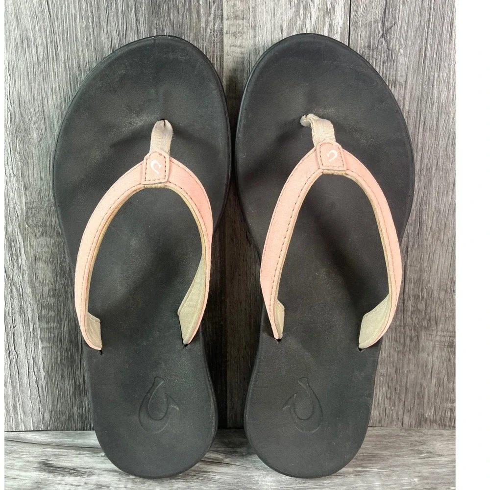 OluKai Ho'opio Girls Peach Pink Black Flip Flop Sandals 30131-8D40 US G4 EUR 36